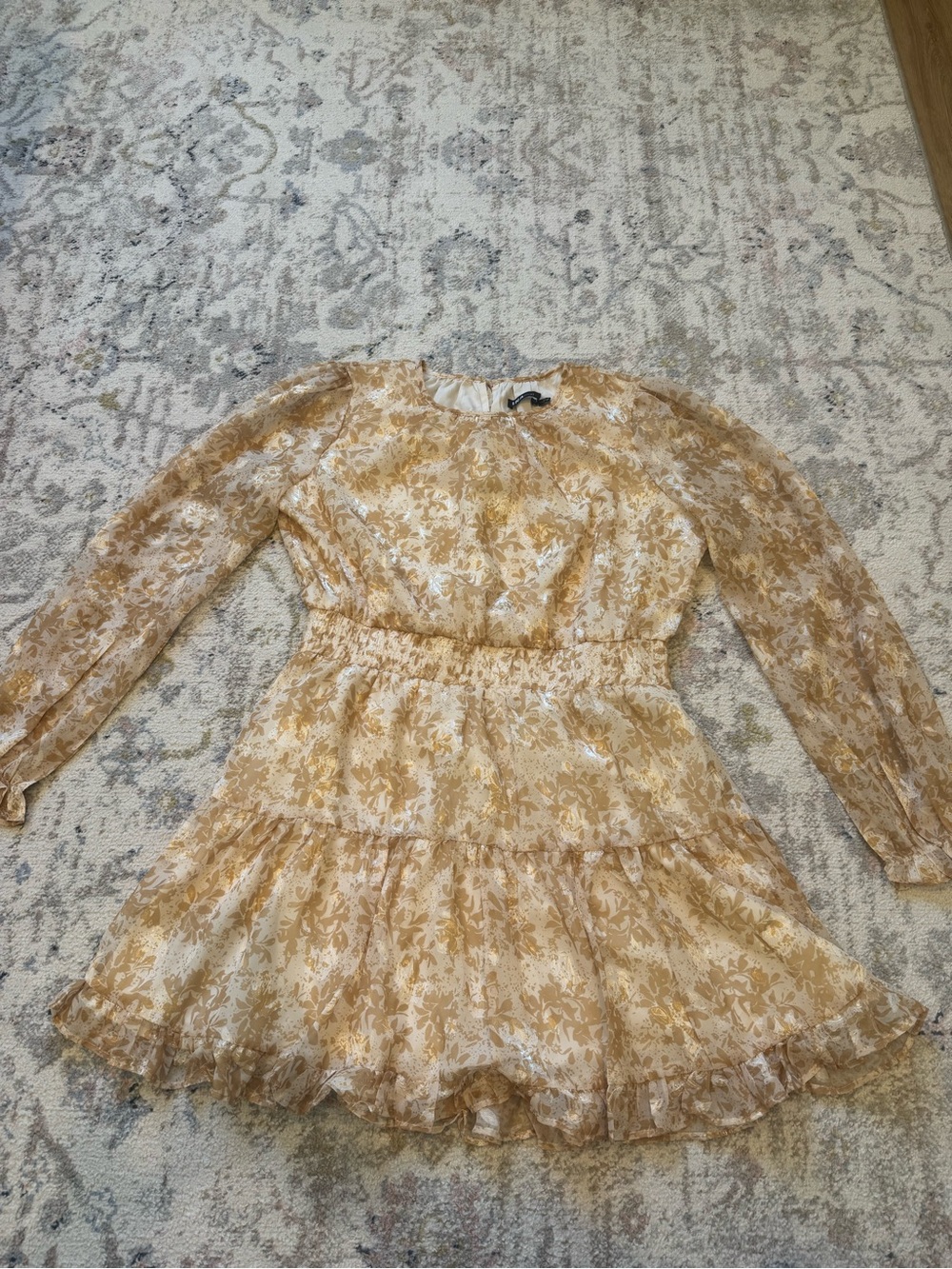 Floral Long Sleeve Tiered Mini Dress - Shiny Mustard Cream